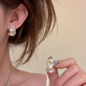 Light Luxury Faux Pearl Flower C Shape Silver Needle Stud Earrings For Women
