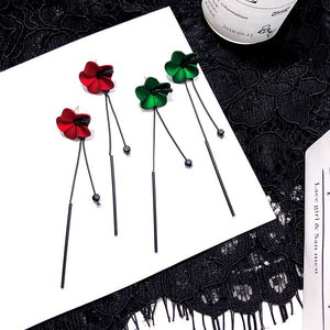 Mismatched Red Flower Drop Earrings with Black Tone Bar and Chain