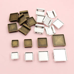 10-20mm Square Inner Size Alloy Cabochon Bezel Tray, 10-11mm Hole Wide Leather Bracelet Connector