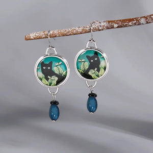Cat Drop Earrings With Oval Geometric Pendant, Vintage Artistic Elegant Earrings For Women