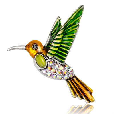 Front product view of the bird brooch pin in green and silver