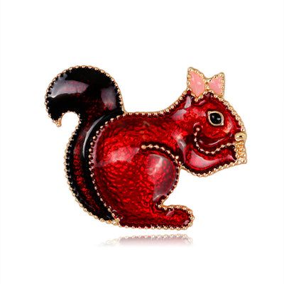 Front product view of the squirrel brooch pin in red and black