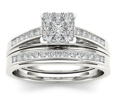 Silver square cluster bridal set two rings front