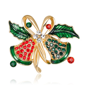 Christmas Bell Brooch with Red and Green Rhinestones, Gold-Tone Alloy