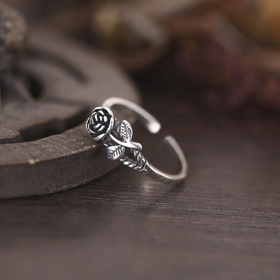 Antique Silver-Tone Open Rose Ring With Leaf Detail shown in front product view