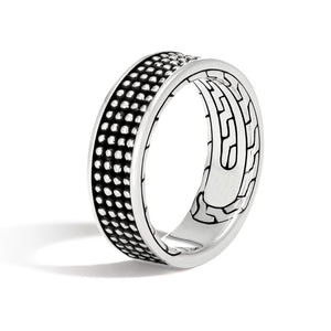 Silver And Black-Tone Dotted Wide Band Ring With Textured Rows