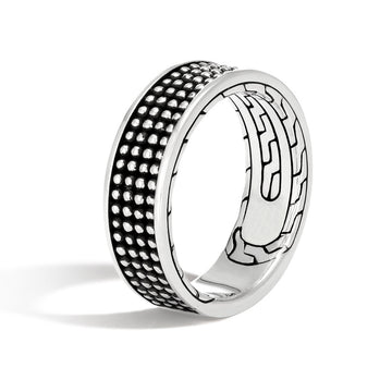 Silver And Black-Tone Dotted Wide Band Ring With Textured Rows