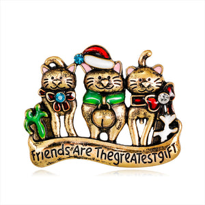 Three-Cat Christmas Brooch Pin in Antique Gold or Silver Tone