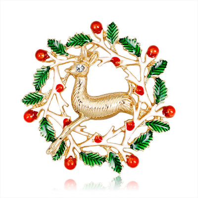 Front product view of the christmas reindeer brooch pin in gold and green