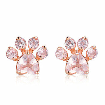 Rose Gold Tone Pink Zircon Cat Paw Print Stud Earrings