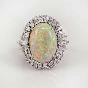 Opalescent Oval Double-Halo Statement Ring In Silver Tone