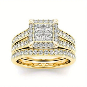 Two Piece Square Geometric Couple Rings For Women, Micro Inlaid Zircon Elegant Jewelry Set
