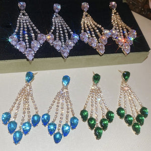 Light Luxury Copper Zircon Teardrop Tassel Drop Earrings With Silver Pins