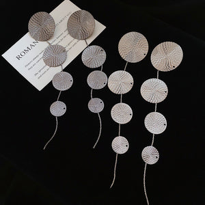 Metal Round Textured Tassel Drop Earrings, Geometric Minimalist European Style Silver Pin