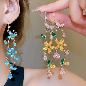 Sparkling Zircon Butterfly Flower Tassel Copper Drop Earrings For Sweet Fresh Elegant Style
