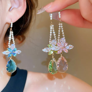 Light Luxury Copper Zircon Flower Teardrop Drop Earrings, Vintage Ear Hook Jewelry