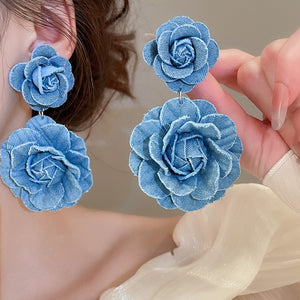 Fabric Flower Drop Earrings With Silver Needle, Sweet European Style Floral Pendant Earrings