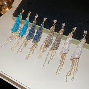 Silver Needle Zircon Square Crystal Chain Tassel Drop Earrings For Women Light Luxury Style