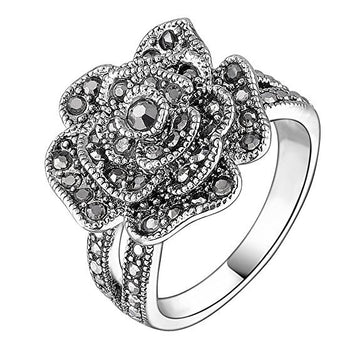 Antique Silver Tone Black Rose Stone Ring Costume Jewelry