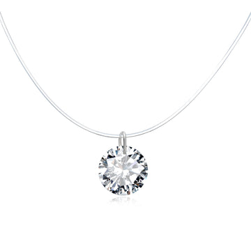Clear Round Crystal Drop Invisible-Line Necklace with Silver Tone Loop