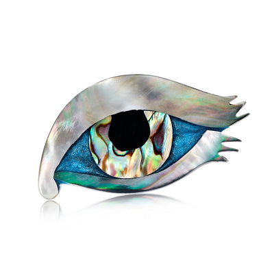 Front product view of the abalone shell brooch pin in silver and blue