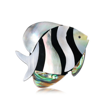 Black Striped Fish Brooch Pin with Iridescent Shell Inlay