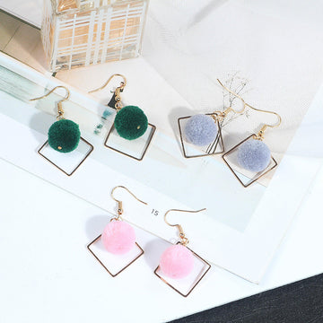 Seven Color Pom Pom Gold Tone Square Frame Dangle Earrings