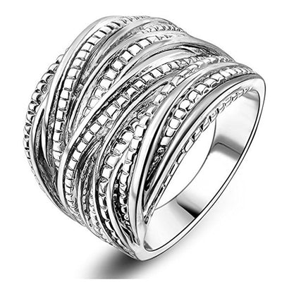 Silver multi-band twisted woven wide ring on white background