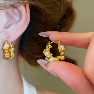 Chic Faux Pearl Twisted U Shaped Drop Earrings For Women Elegant Light Luxury Round Ear Jewelry