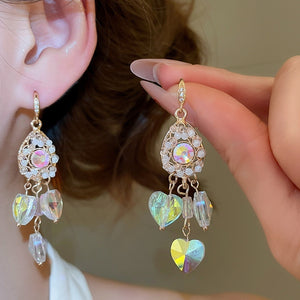 Light Luxury French Court Heart Teardrop Crystal Tassel Drop Earrings