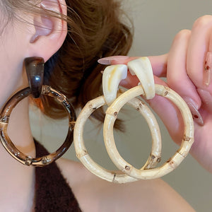 Vintage Resin Geometric Round Bamboo Pendant Drop Earrings With Silver Pins For Women
