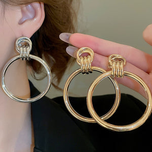 Smooth Iron Metal Geometric Round Pendant Drop Earrings With Silver Pins Minimalist European Style