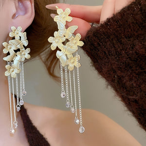 Vintage Alloy Floral Butterfly Crystal Tassel Drop Earrings For Women Light Luxury Chinese Style
