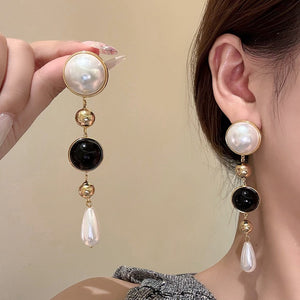 18K Gold Plated Silver Post Faux Pearl Teardrop Tassel Earrings French Elegant Geometric Studs