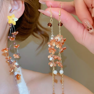 Resin Flower Pearl Tassel Drop Earrings With Silver Pins, Beach Vacation Floral Jewelry