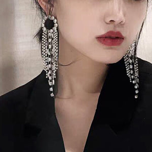 Copper Geometric Round Rhinestone Tassel Drop Earrings With Silver Needle Minimalist Light Luxury Style