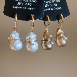 18K Gold Plated Faux Pearl Bowknot Gourd Earrings With Rhinestones French Vintage Jewelry