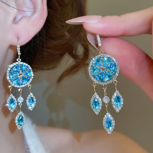 Sparkling Zircon Round Rhombus Tassel French Court Style Drop Earrings
