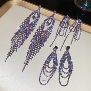 Copper Sparkling Rhinestone Geometric Teardrop Layered Tassel Drop Earrings For Women