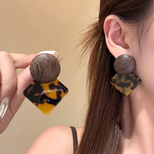 Maillard Style Acetate Wood Leopard Print Geometric Round Rhombus Drop Earrings With Silver Pins