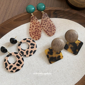 Maillard Style Leopard Print Acetate Wood Round Geometric Diamond Drop Earrings