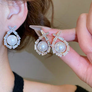 Light Luxury Geometric Round Faux Pearl Zircon Drop Earrings For Women