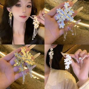 Artificial Crystal Butterfly Flower Chain Tassel Drop Earrings For Women Light Luxury Style