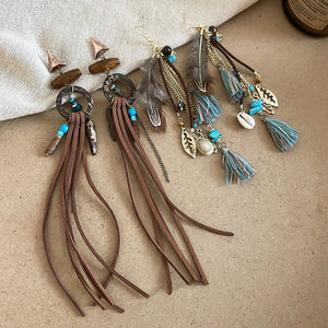 Bohemian Tassel Drop Earrings With Feather Shell Wood Beads And Cotton Thread