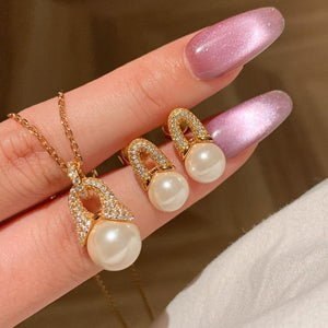 18K Gold Plated Silver Needle Zircon Faux Pearl Geometric French Court Drop Earrings