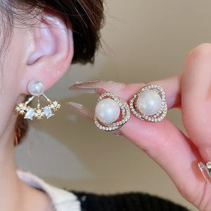 Light Luxury French Court Style Faux Pearl Zircon Flower Cross Drop Earrings for Women