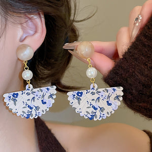 Retro New Chinese Style Silver Needle Resin Pearl Fan Geometric Drop Earrings