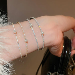 Sparkling Zircon Pearl Double Layer Open Bangle For Women