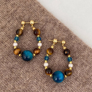 Vintage Tiger Eye Stone Pearl Crystal Beaded Round Geometric Drop Earrings With Silver Pins