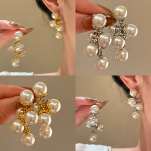 Elegant French Geometric Round Faux Pearl Pendant Drop Earrings With Silver Pin